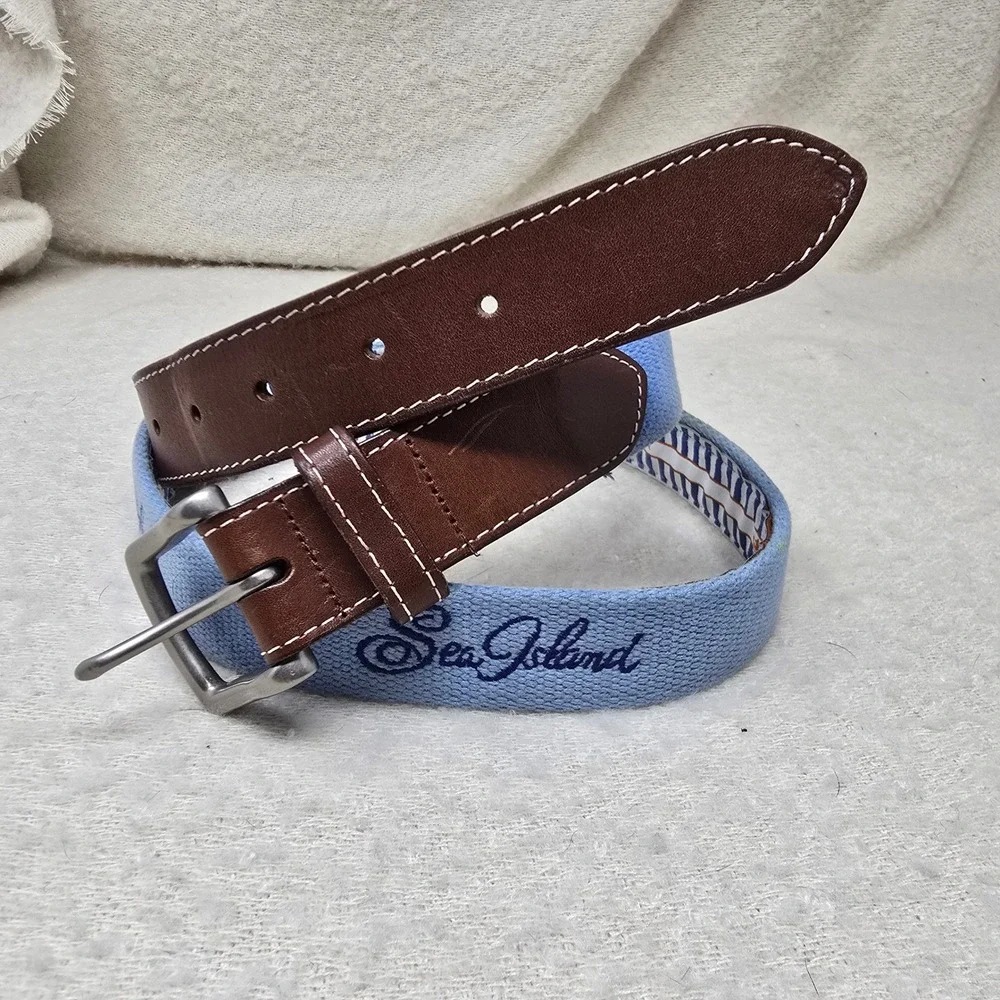 Sea island Peter Millar Golf Belt Men 38 Blue Brown Leather Canvas USA Made